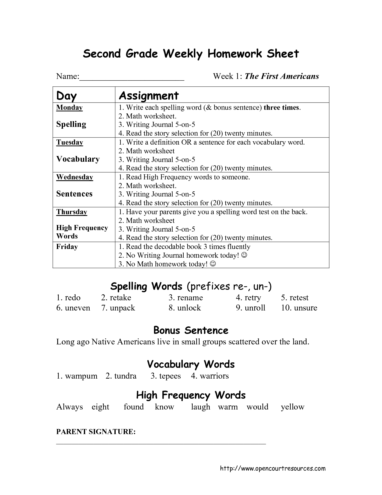 homework sheet for 2nd grade